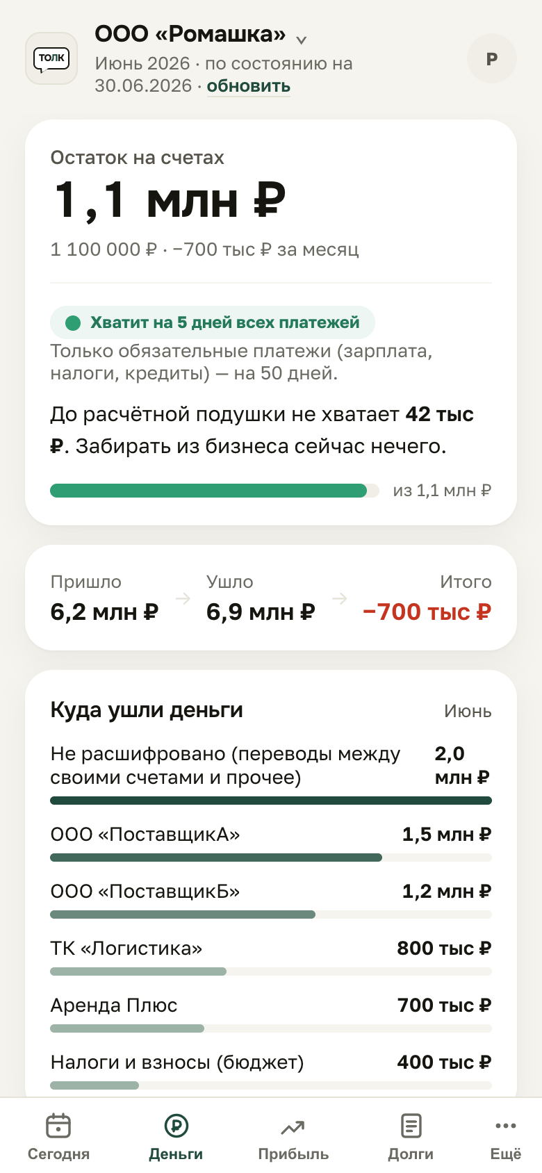 Экран «Деньги»
