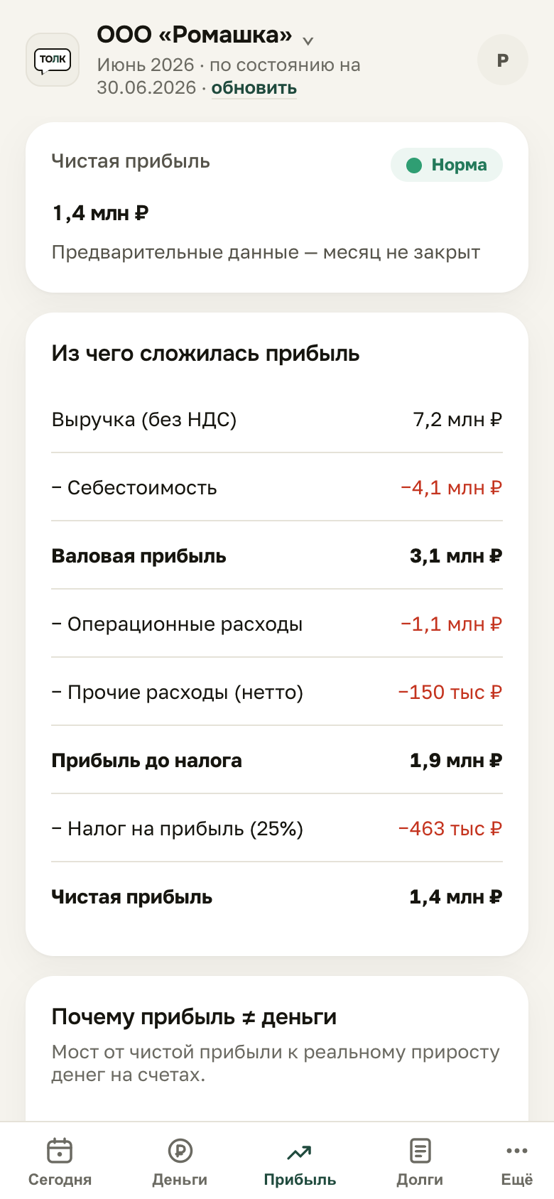 Экран «Прибыль»